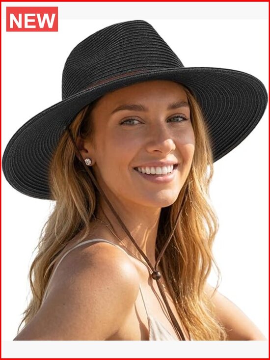 Straw Wide Brim Panama Fedora Sun Hat with UPF 80+ and Wind Lanyard main image 6